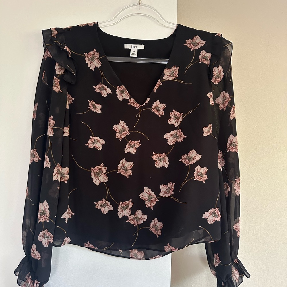 Bar III Black Blouse with Pink Floral Design